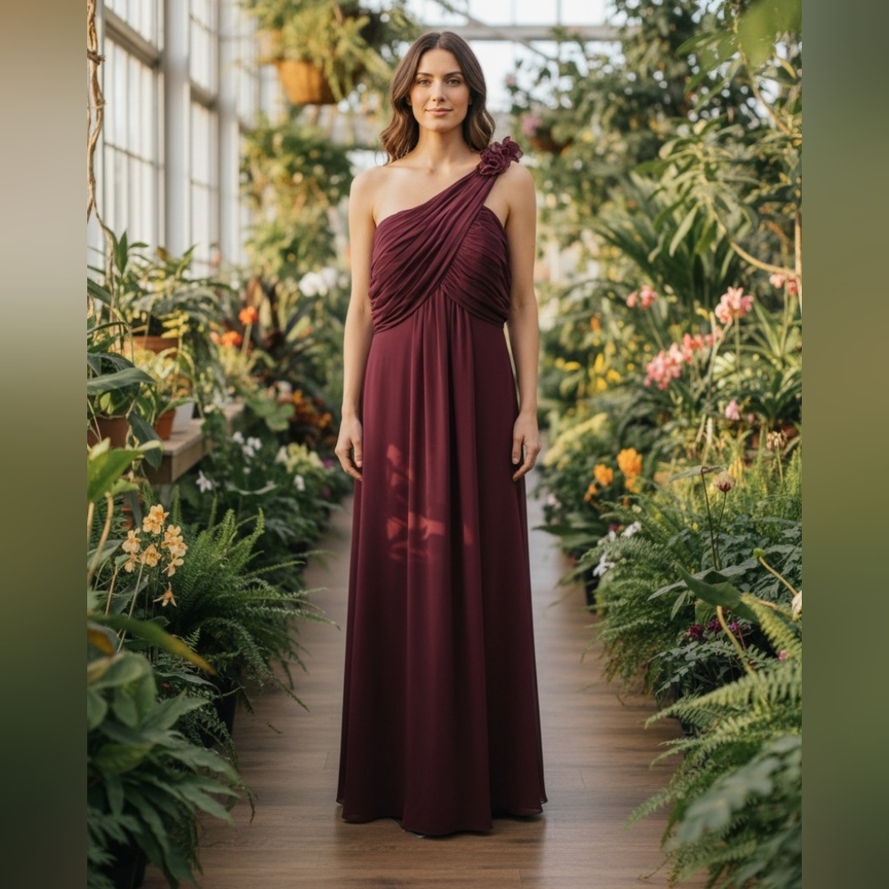 Bill Levkoff One-Shoulder Burgundy Gown with Rosette Shoulder Size 18